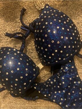 Navy Blue Rhinestone Embellished Bikini Top